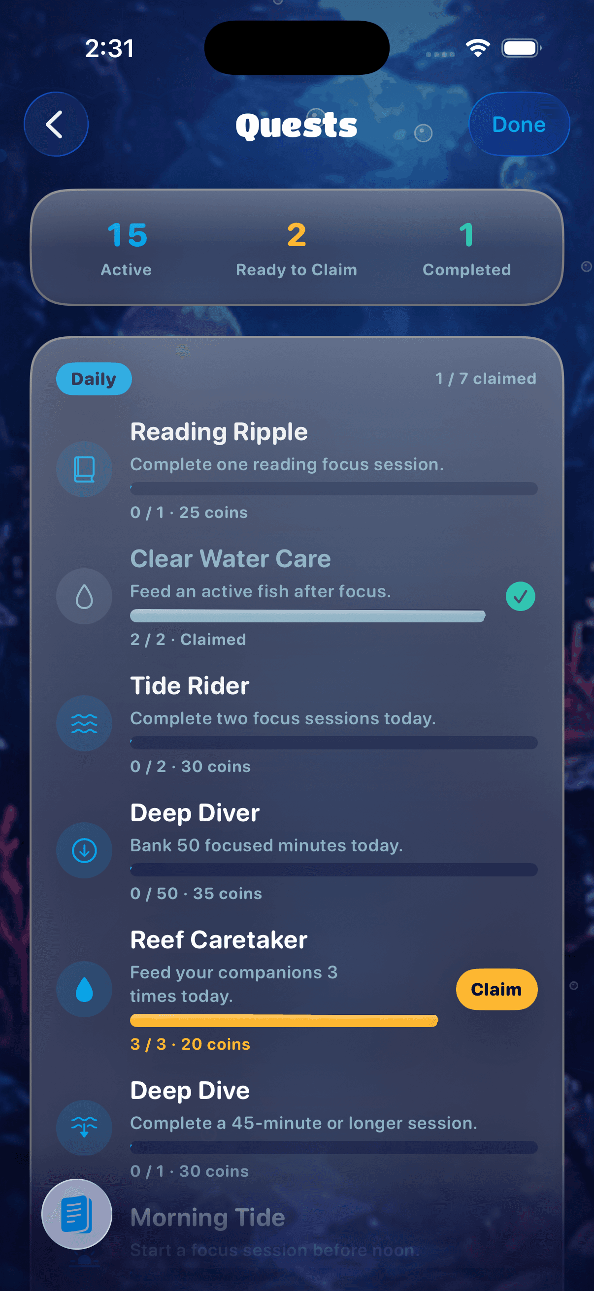 Pondoro quests — daily, weekly and monthly goals with claimable rewards